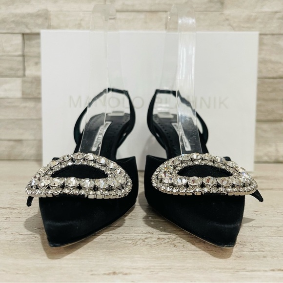 Manolo Blahnik Fiboslac Black Satin Swarovski Crystal Slingback 70MM Pumps SZ 37 - Picture 4 of 14